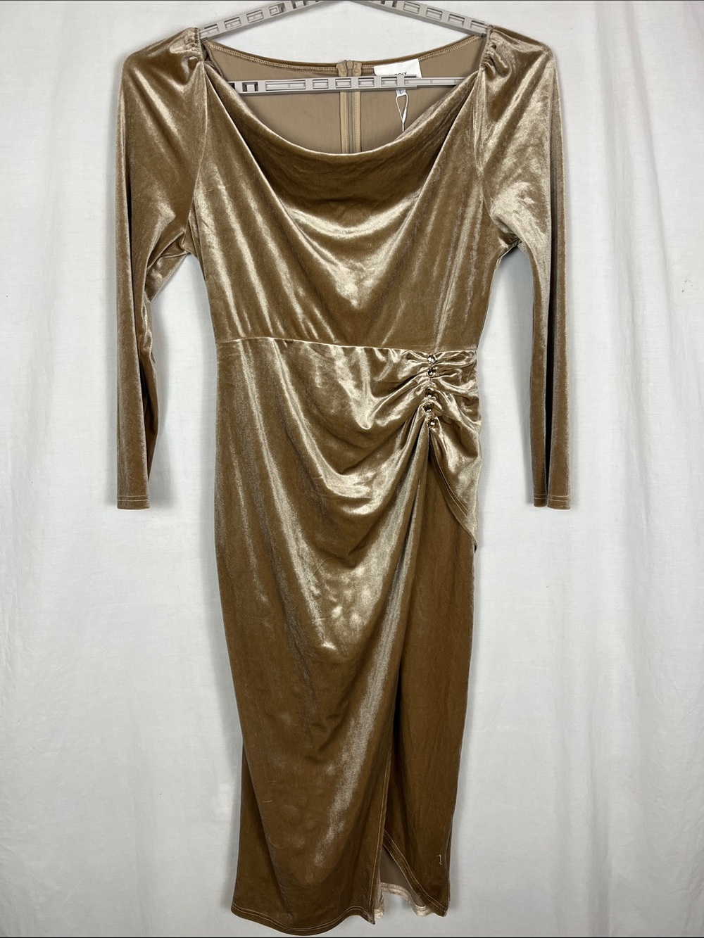 NWT Oyrosy Light Brown Long Sleeve High Low Velvet Maxi Dress